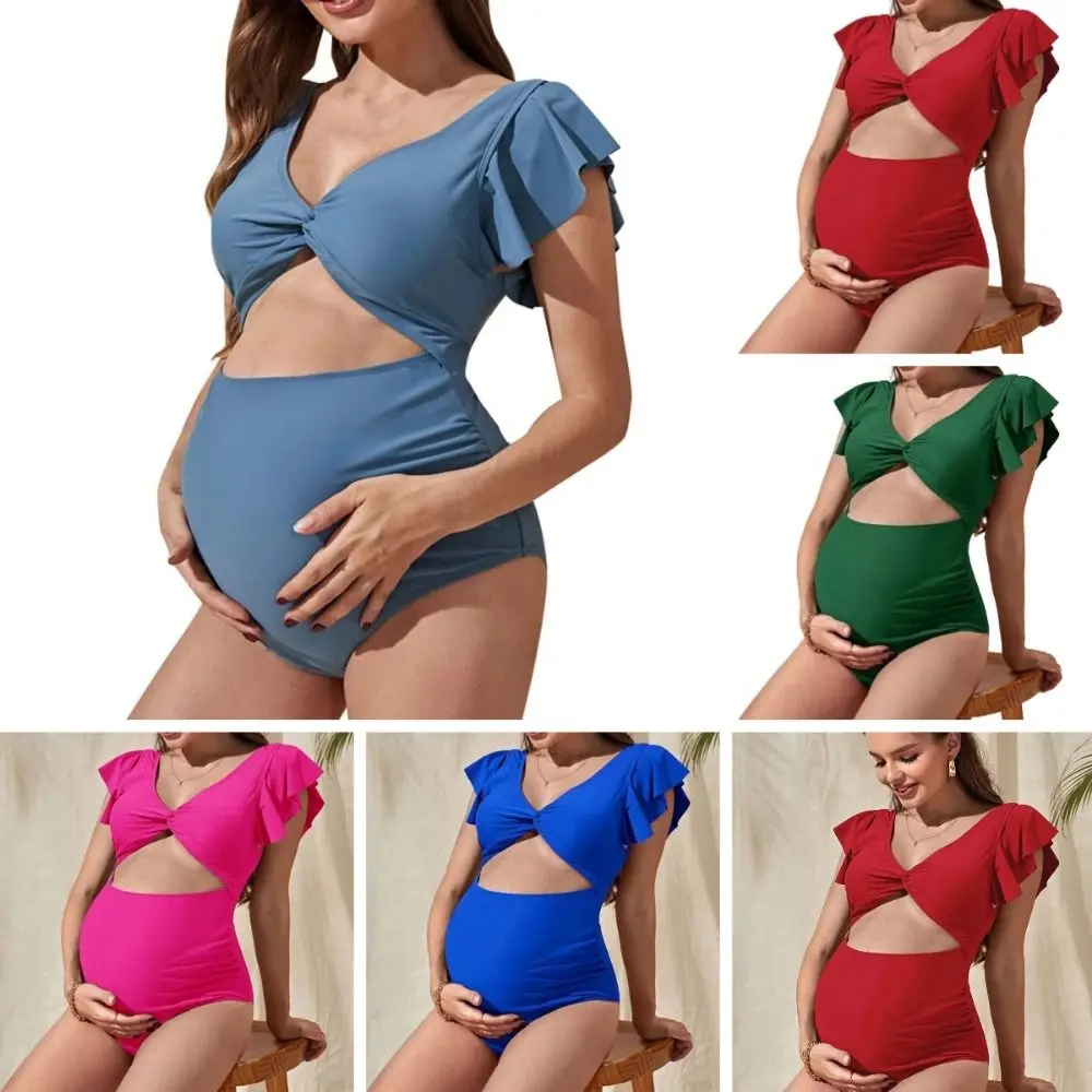 Fashion V Neck Maternity Swimsuit Solid Color Ruffled Ribbed One Piece Bathing Suit Push Up Tie Knot Pregnancy Swimwear Women