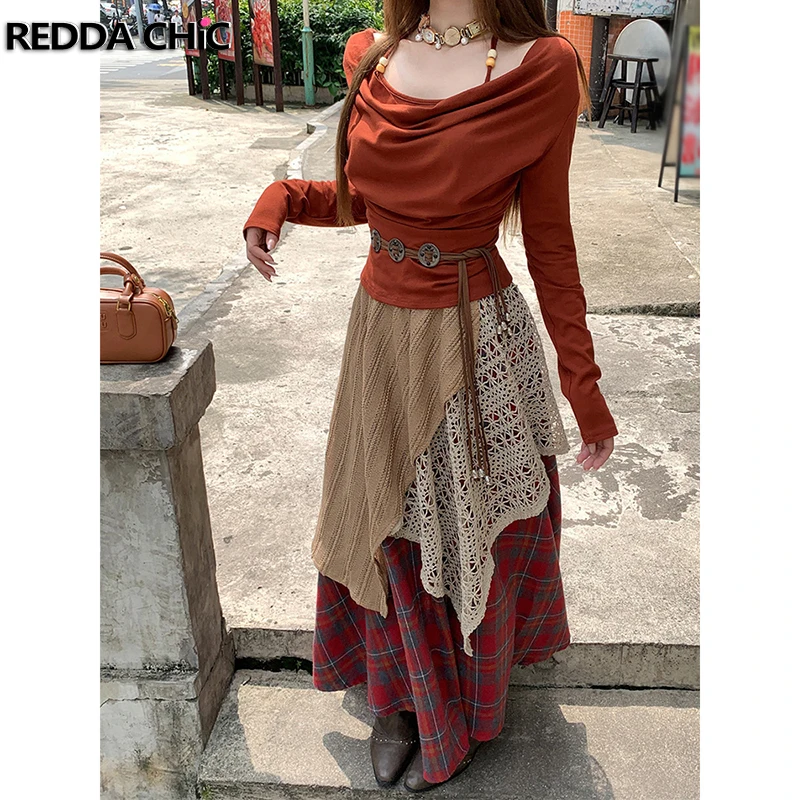 ReddaChic Women Draped Collar T-shirt Plaid Skirt Set Ribbon Halter Top Lace Stitch Elastic Waist Long Skirt Boho Retro Clothes