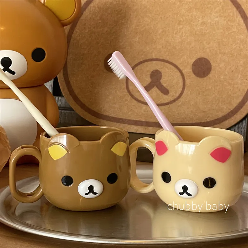 

Милая кружка для полоскания рта Rilakkuma в виде медведя, пластиковая чашка для зубных щеток с мультяшным медведем, кавайная, для детей и пар, для ежедневного использования в ванной комнате
