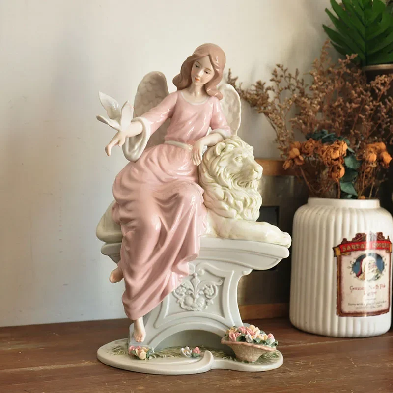 Home Crafts Ceramic Flower Fairy Angel Figurine Angel with Pigeon and Lion Sculpture Desktop Ornament Exquisite Birthday Gifts