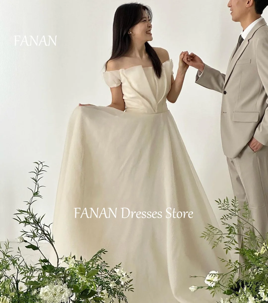 

FANAN Strapless Korea Princess Organza Ivory Elegant Wedding Dresses Short Sleeves 웨딩드레스 Custom Made Bride Gowns Plus Size