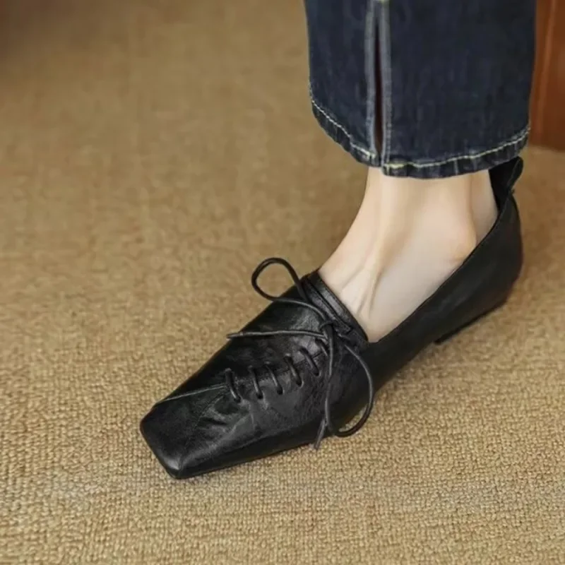 الرجعية أحذية مسطحة بكعب منخفض بني أسود تنوعا لينة سوليد الدانتيل يصل أحذية من الجلد الصغيرة الربيع/الصيف جديد 2025 أحذية نسائية #6