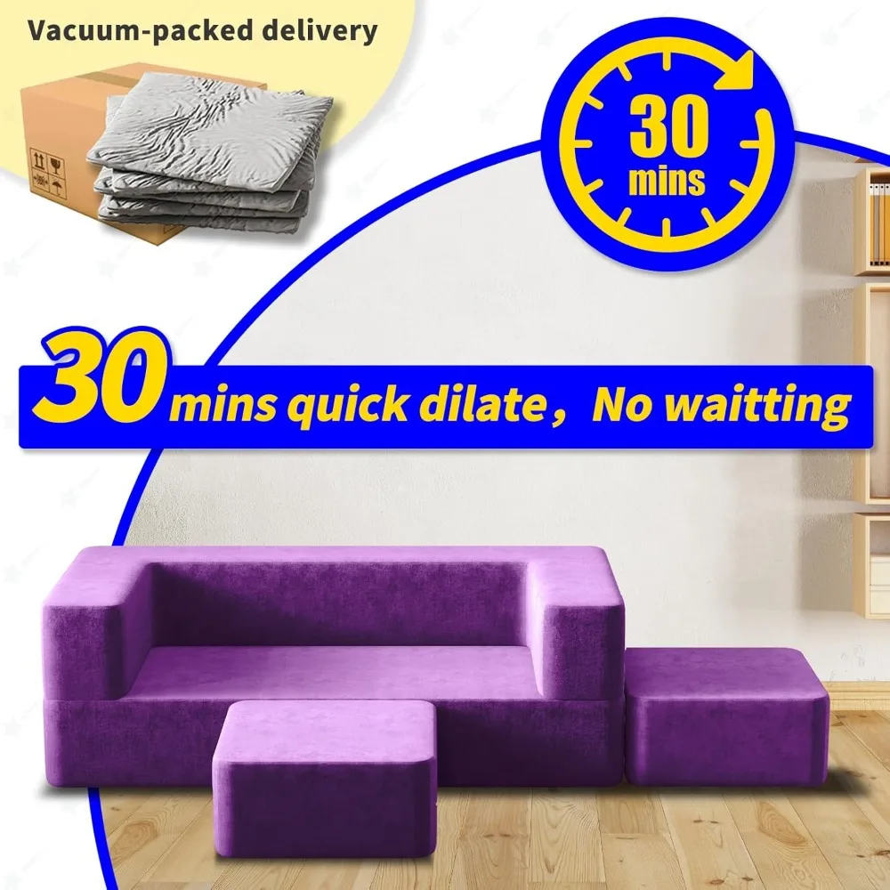 Kids sofa, modular sofa with washable and durable cover, foldable double sofa and two footstools, foldable lounge chair