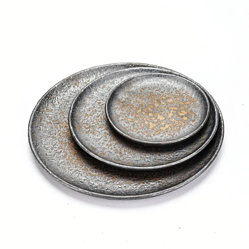 Stoneware Hammer Pattern Shallow Plate Hotel Round Western Food Steak Plate Tableware Snack Salad Fruit Sushi Plate Tableware - view 2