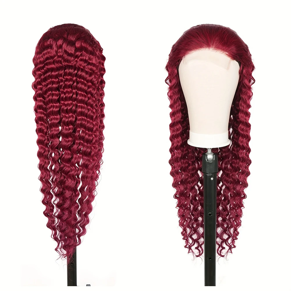 

99J Бордовый Глубокая Волна 13X4 Парики Фронта Шнурка Человеческих Волос Предварительно Сорванные С Детскими Волосами 4x4 HD Парики Фронта Шнурка Винно-Красные Вьющиеся Парики