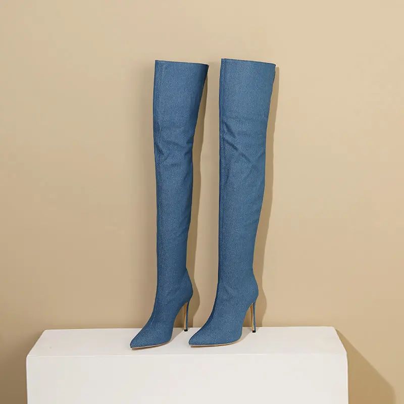 Denim Jeans Blue Pointed Toe Overknees Plus Size 34-48 13 Zipper Back Sexy Stiletto High Heels Women Over-the-knee Stretch Boots