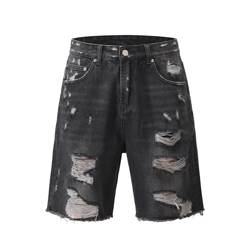 Black Vintage Denim Shorts Men Women With High Quality Perforated Design Casual Shorts Personalized Horse Pants