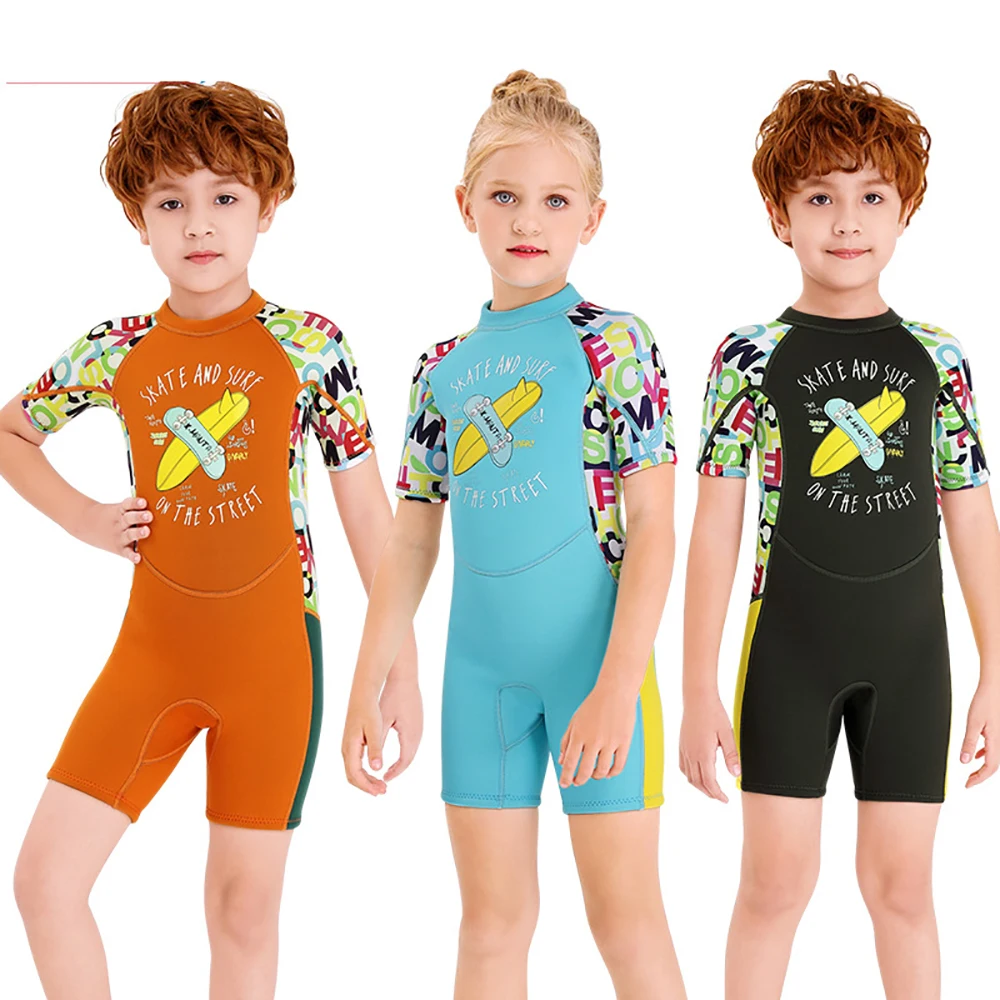 

Boys Girls Kids 2.5mm Neoprene Wetsuit Swimwear Wet Suits Short Sleeve Summer Swimsuit Warm One Piece Bathing Swimming Suits