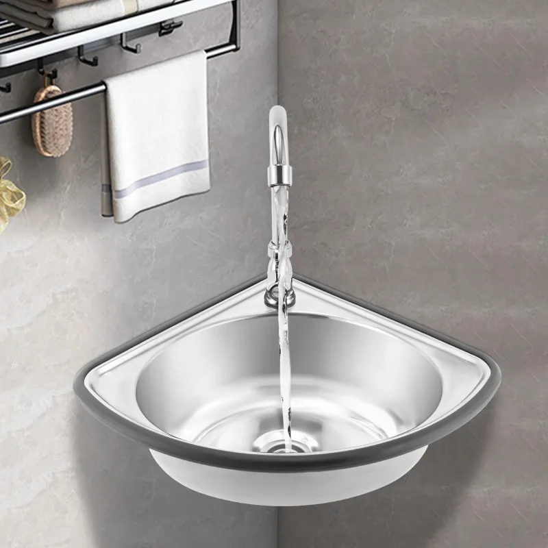 Wall mounted triangular washbasin with faucet sink, suitable for small bathrooms, kitchens, laundry rooms