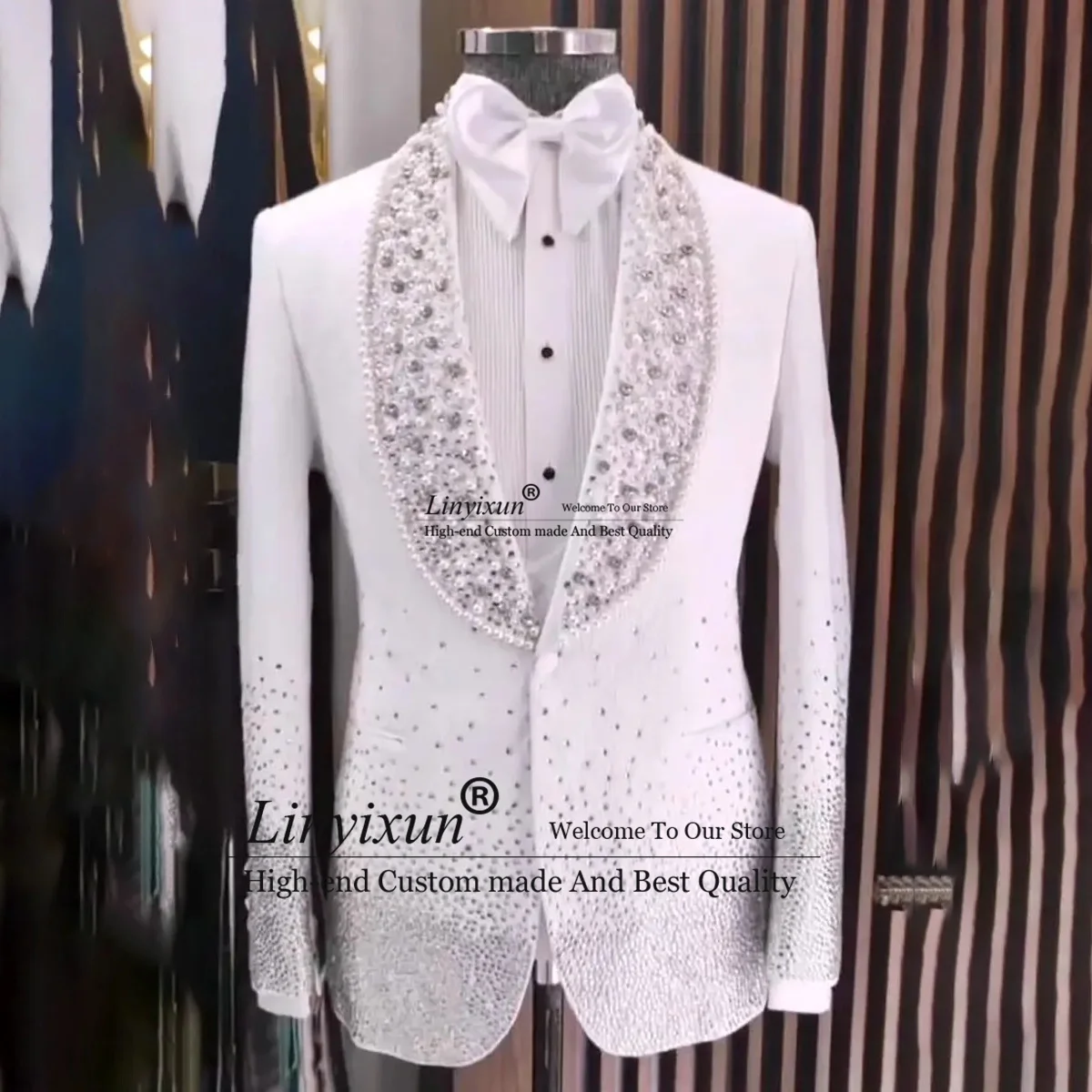 

Luxury Beaded Men Suits Shawl Lapel Groom Wedding Tuxedos 3 Pieces Sets Male Prom Blazers Customzied Terno Masculinos Completo