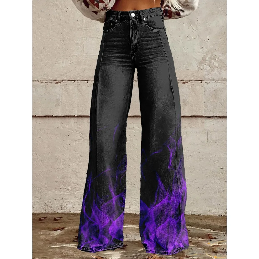 Women's High-Waisted Flare Pants with Gradient Purple Flame Print Retro Bell-Bottom Trousers for A Bold and Stylish Look