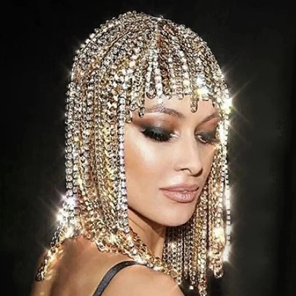 2024 Hip Hop Rhinestone Wig Head Chain Women Men Cuban Link Tassel Headband Chain Headpiece Dance Hair Accessories Party Gift