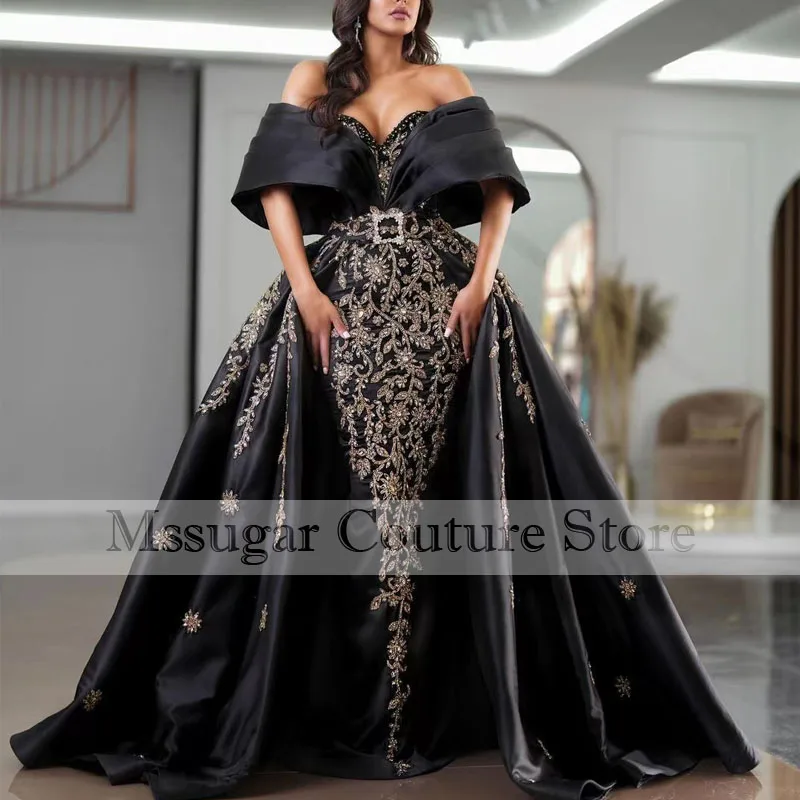 Off Shoulder Formal Evening Dress 2023 Ball Gown Detachable Train  Arabic Prom Dress for Women Plus Size Customize