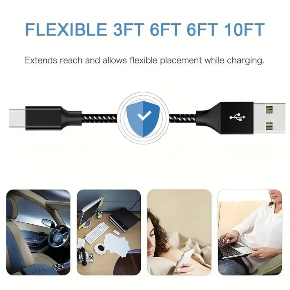 USB A to Type C Fast Charging Cable Nylon Braided for Samsung Galaxy S10 S20 A Xiaomi Redmi iPhone 15 16 1m 2m 3m Long Data Cord - view 2