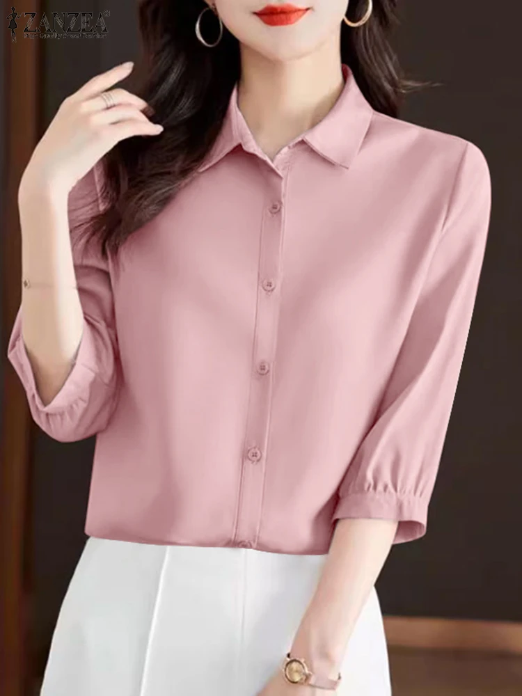 ZANZEA Elegant Women Shirts 2024 Summer 3/4 Sleeve Solid Color Casual Blouses Korean Fashion Button Up Gentle Ladies Camisas