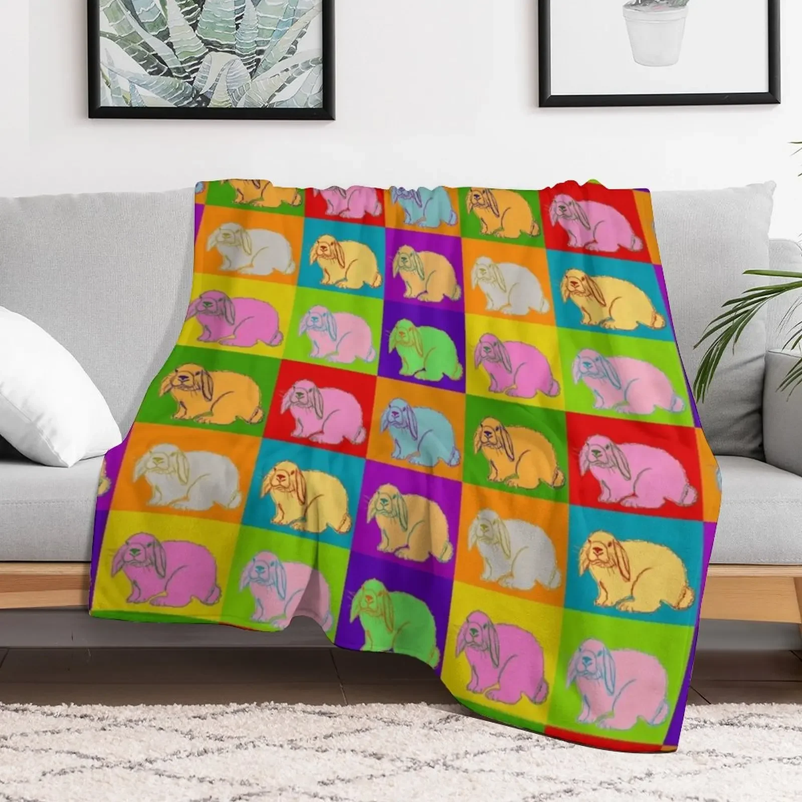Lop Rabbit, Popart, Holland Lop, Mini Lop, French Lop, Retro, 70s, Original Art, Cute Bunny, 4H, Rabbits, Farm Ani Throw Blanket