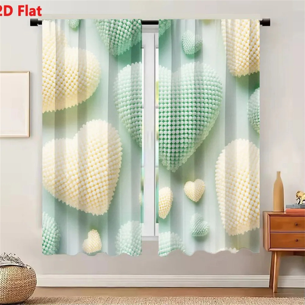 2Pcs Curtains 2D Flat Heart - Shaped Beaded Decoration Pastel Mint Green And Cream White Heart Arrangement On Light Background W