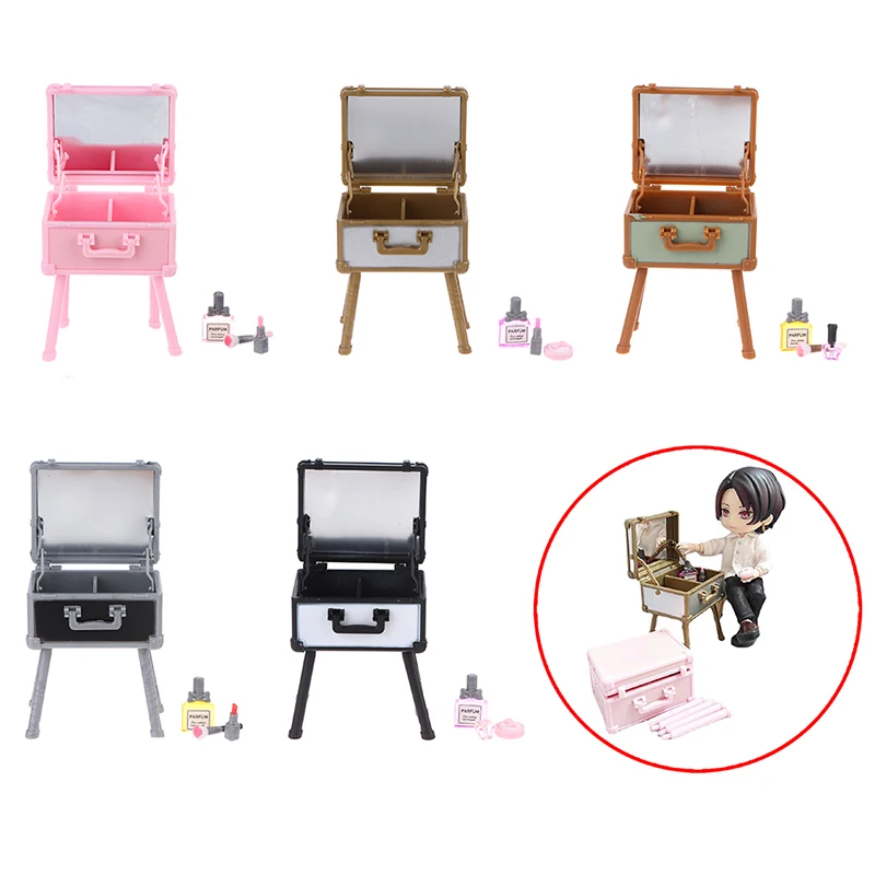 1Set 1:12 Dollhouse Mini Vanity Case Lipstick Perfume Air Cushion Mirror w/Holder Furniture Decor Toy