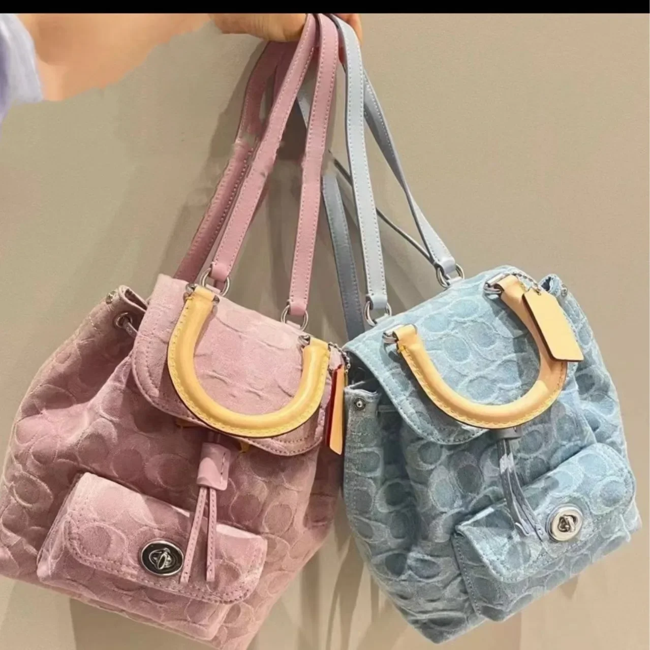 2024 Rita21 Mini Double Shoulder Vintage Backpack Jacquard Canva Color Block Flip Cover Drawstring Women's Bookbag