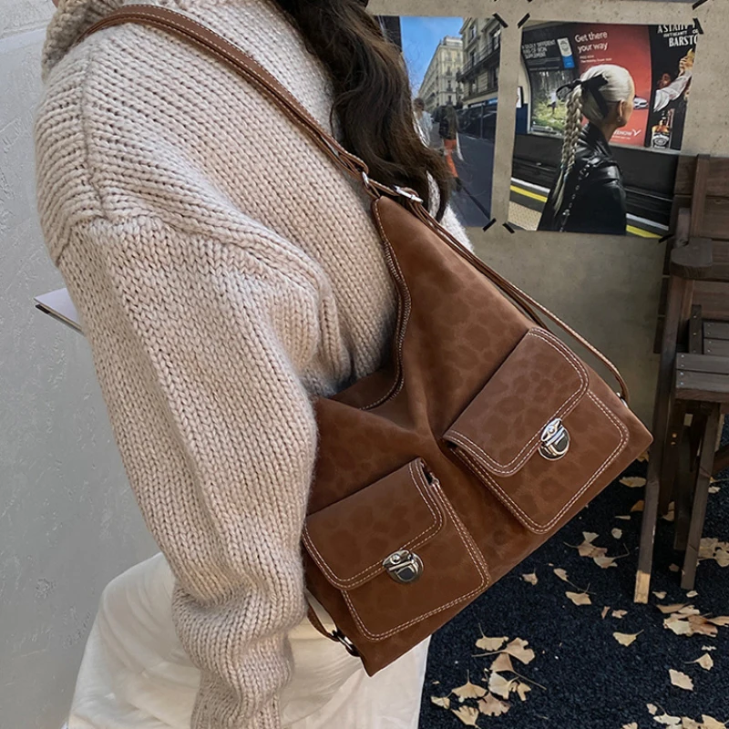 

Retro Leopard Print Shoulder Bag Fashion Simple Multi-pocket Underarm Bag Metal Buckle Zipper Backpack Commuter Tote Bag Handbag