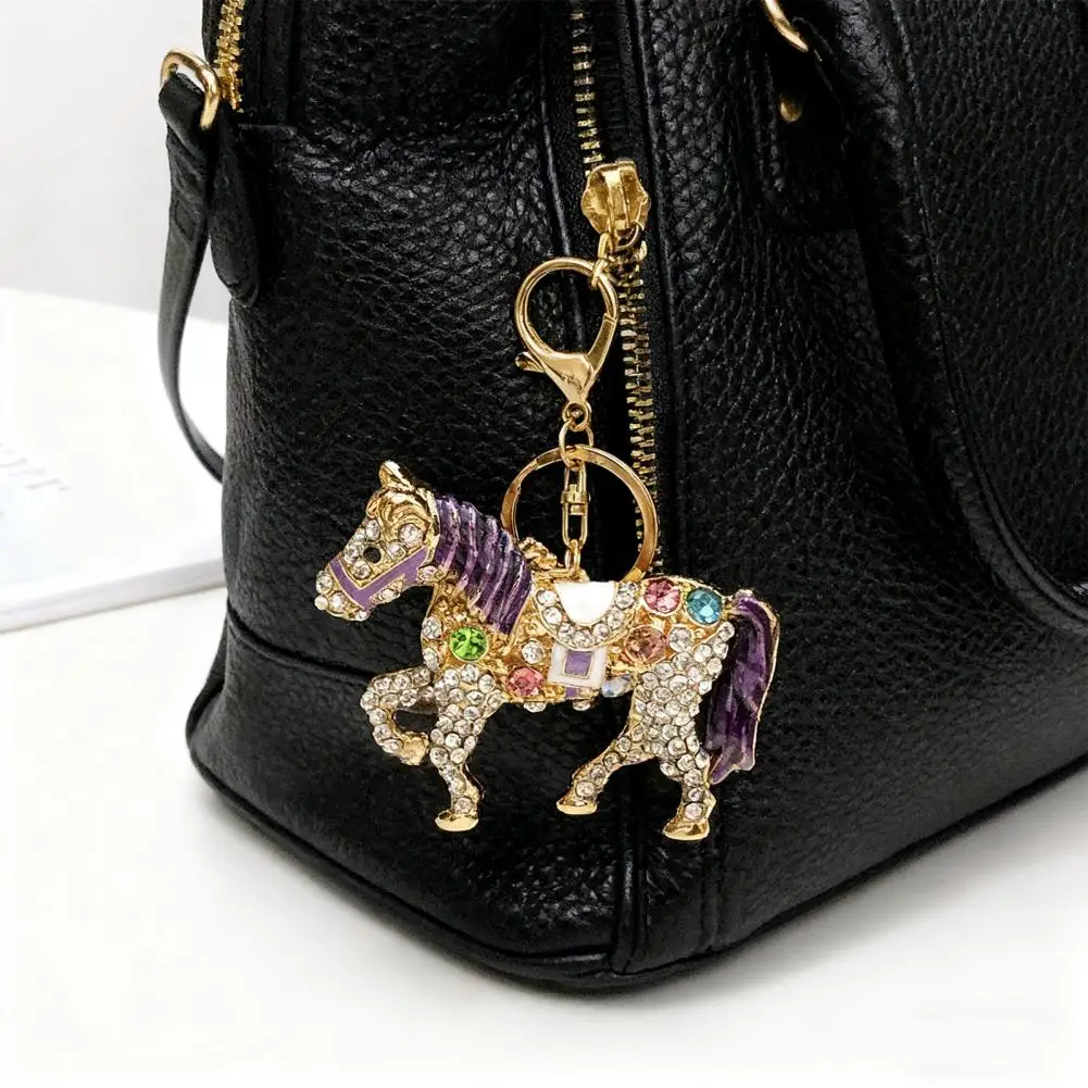 Durable Metal Keyring Sparkling Rhinestone Horse Keychain Pendant Cartoon Bag Charm Decorative Wallet Phone Accessory for Car