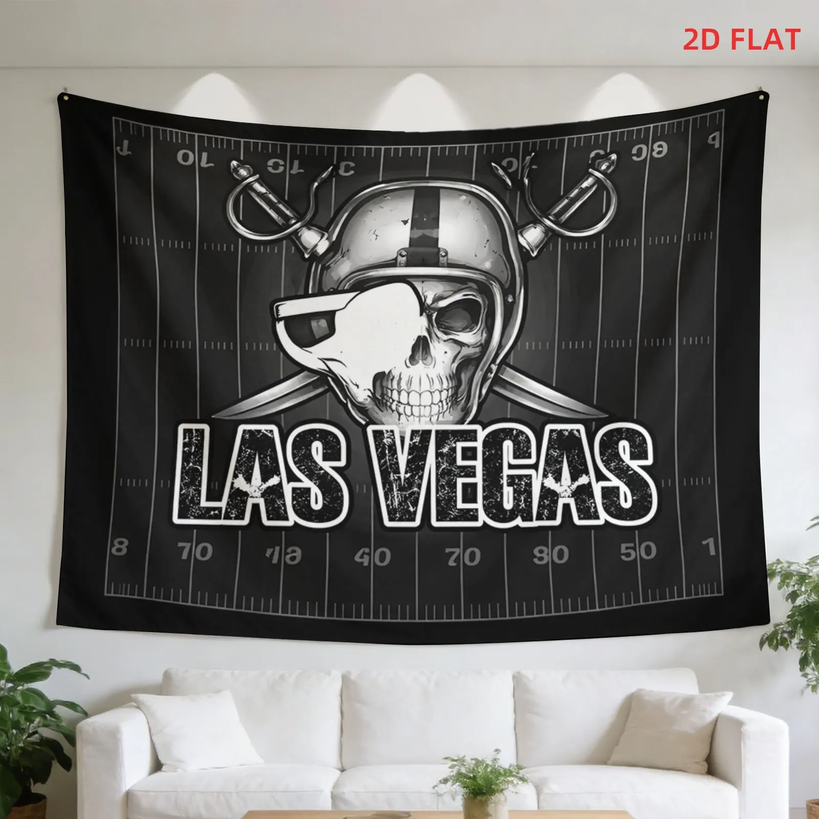 Las Vegas Football Skull Tapestry, Black & White Raiders Style Skull with Helmet & Swords Print Wall Hanging for Sports Fan Room