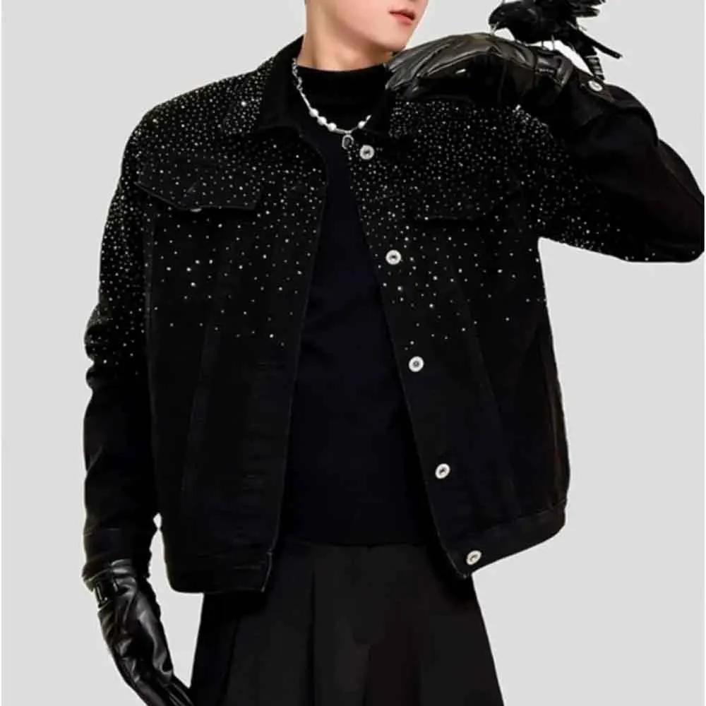 

Autumn Men's Rhinestone Long-Sleeve Denim Jacket American Retro Fashion Trendy Casual High Street Loose Niche Men's Top 2025