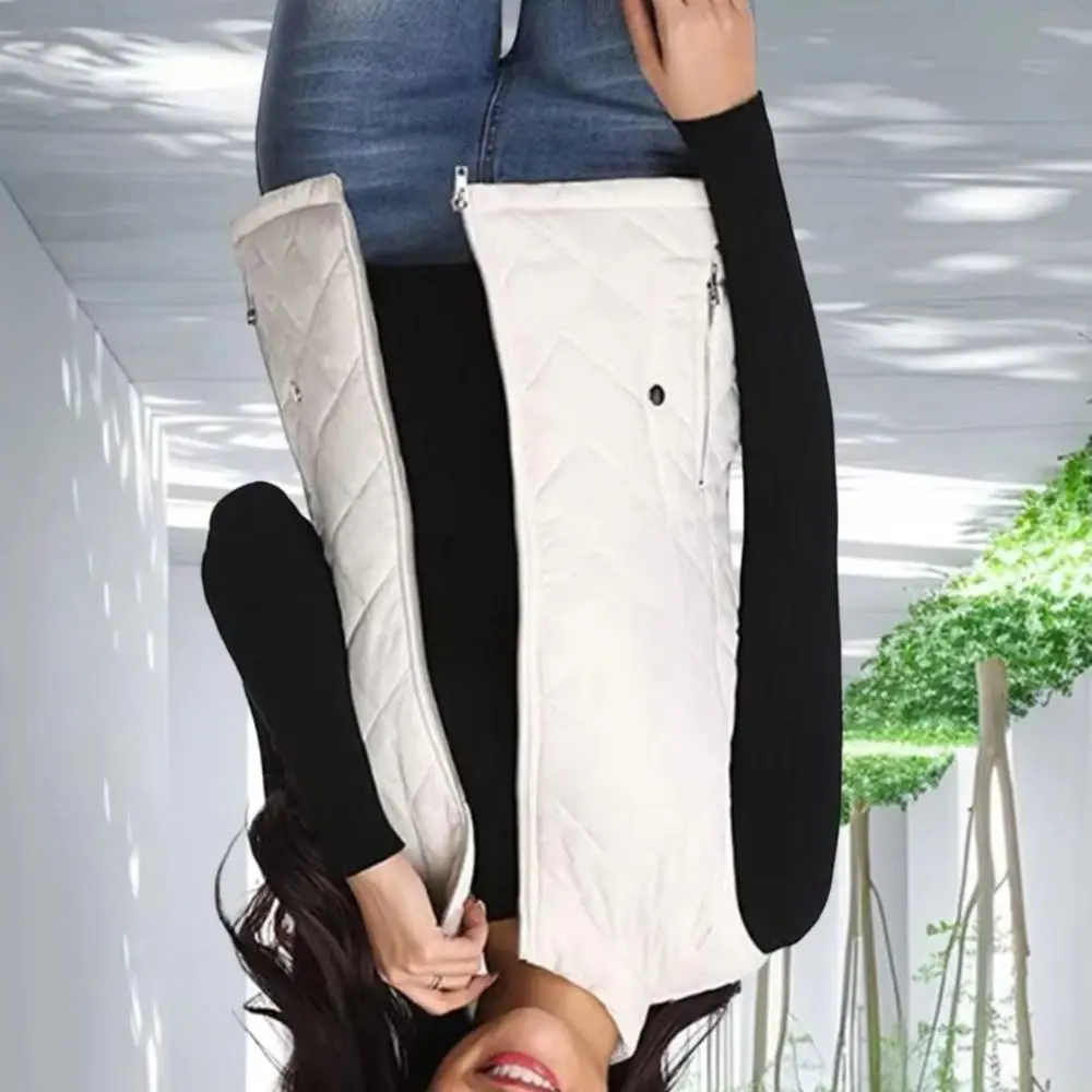 

Women Coat Stand Collar Sleeveless Padded Zip-up Solid Color Heat Retention Waistcoat Cardigan Vest Coat for Daily Work Commutin