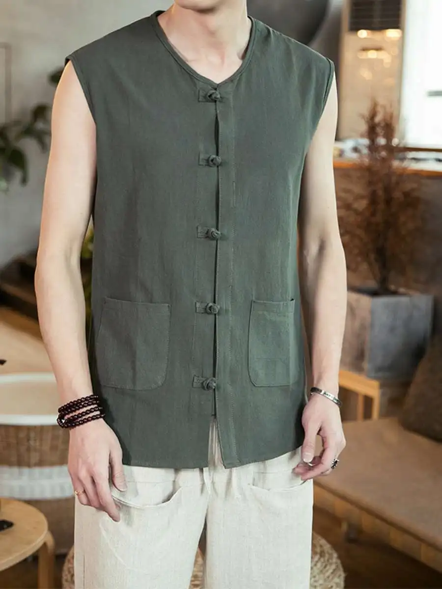 

Retro Ethnic Style Sleeveless Shirt Button up Vest Summer Fashion Loose Fit Men's Shirt Short Sleeve Stand Collar Travel Wear