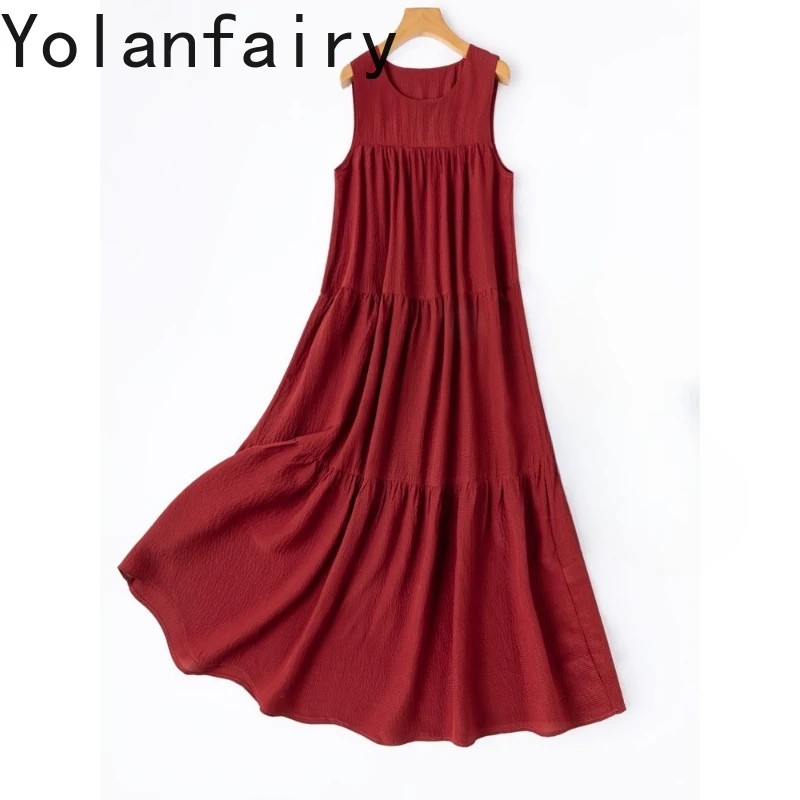 

YOLANFAIRY 100% Real Mulberry Silk Dress for Women Summer 2026 Vintage Cake Dress Sleeveless Elegant Long Dresses Woman Clothes