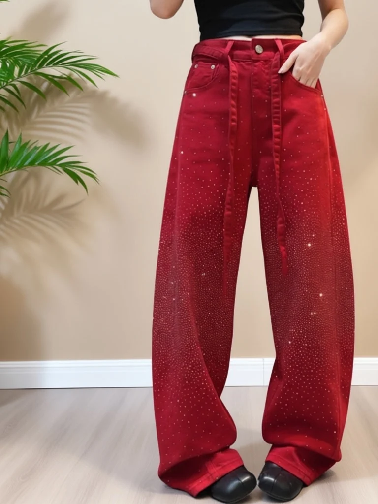 

Slimming High Waist Wide Leg Jeans Glittering Star Rhinestone Casual Loose Fit Spring Faion Women's Premium Feel Denim Pants
