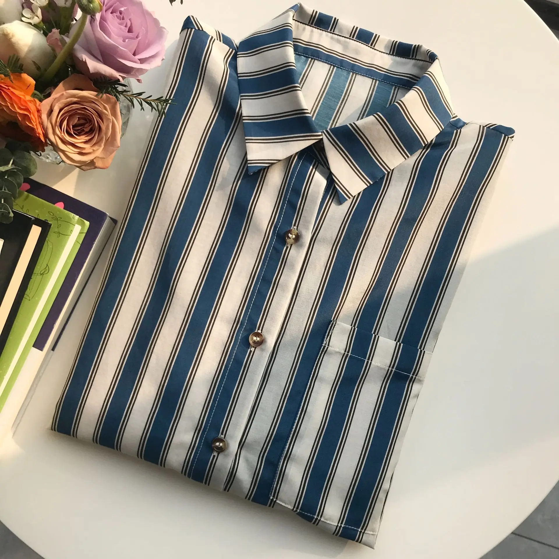 BirdTree,70% Cotton 30% Silk Elegant Shirts, Women Long Sleeve, Loose Vertical Stripe Casual Blouse, 2024 Spring Autumn T4N015JC