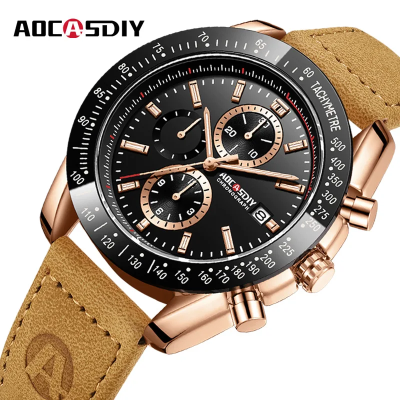 

Мужские деловые часы-хронограф — тройной дополнительный циферблат, кожаный ремешок, дата и водонепроницаемость