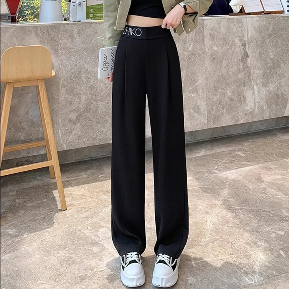 

Ice Silk Wide Leg Pants for Women Black Straight Leg Drapey Casual Trousers Pear Shape Body Friendly Polyester Spandex