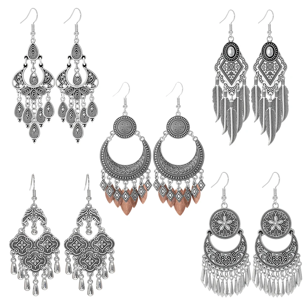

Ethnic Silver Color Water Drop Leaf Tassel Earrings For Women Vintage Creative Carved Geometric Temperament Earrings Jewelry