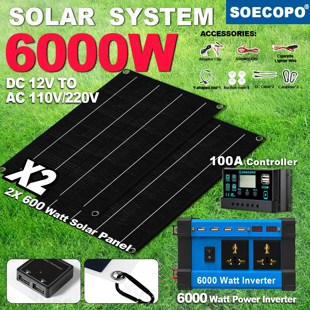 

SOECOPO 6000W Portable Solar Kit 2*600W Solar Panels 100A Controller DC 12V to AC 110V/220V Inverter Dual USB 5V/1.5A Camping