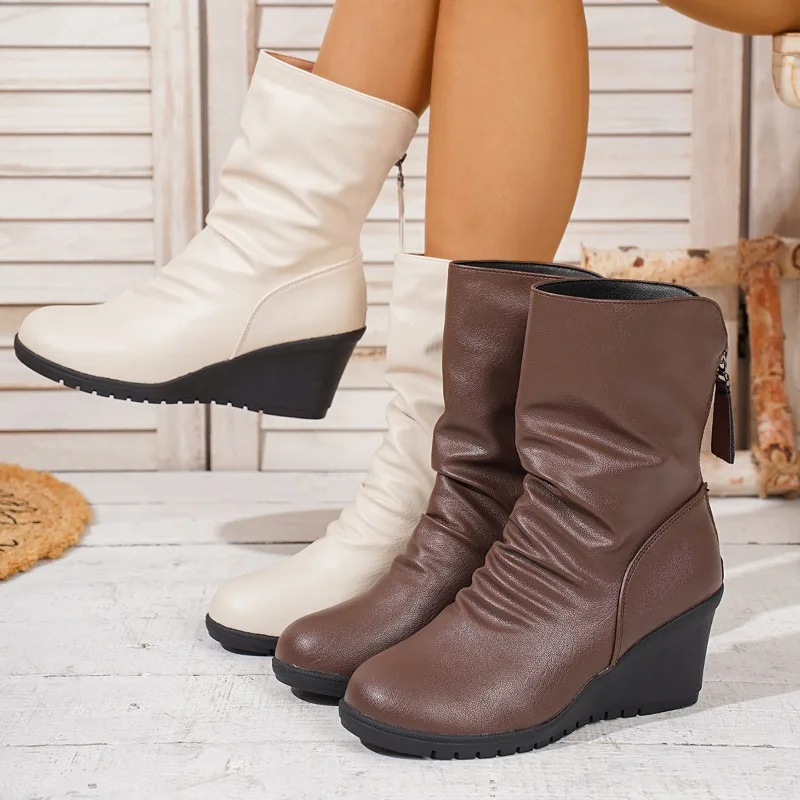 Hot Sale Women 6.8cm Wedge Heel Boots Ruched Shaft Round Toe Tassel Zipper Casual All-match Mid Calf Short Boots