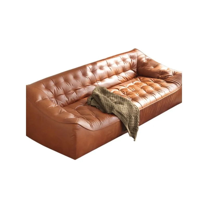 

Retro oil wax leather sofa, medieval Italian first-layer cowhide three-person straight-row leather sofa in the living room