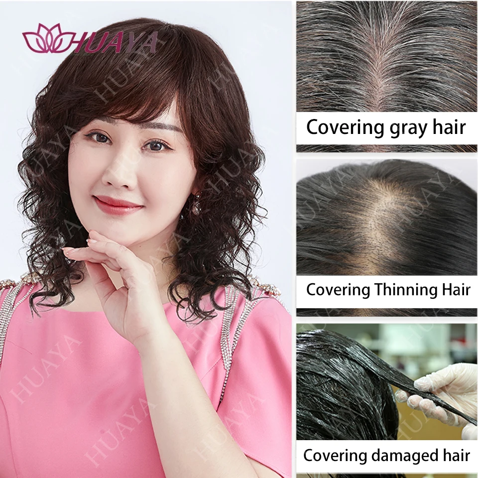 Synthetic Curly Topper Clip In Hair Extensions with Bangs for Women Increase The Amount Of Hair Cover The White Hair