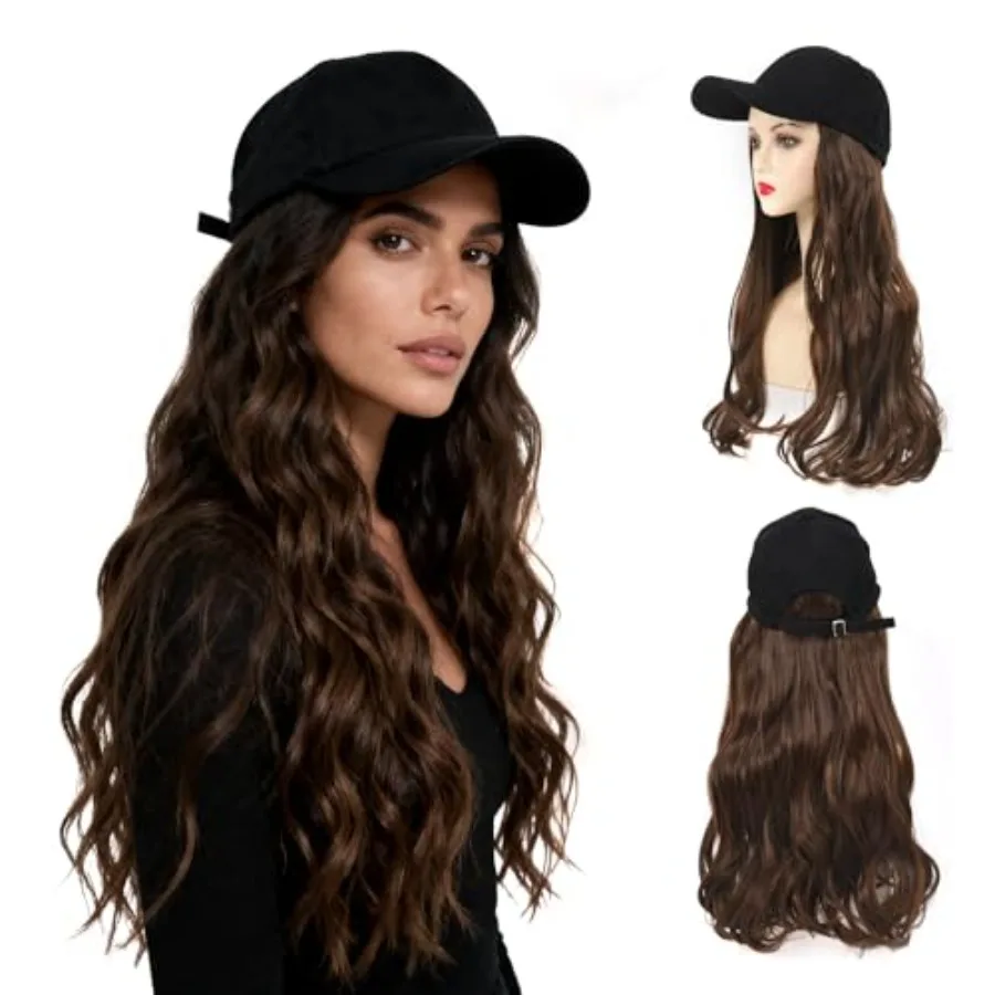 

Hat Wig for Women Baseball Cap with Hair Extensions 20 Inch Long Wavy Synthetic Wig Hat Adjustable Hat with Wig Attached for Da