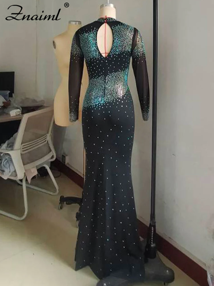 Znaiml-Vestido largo ajustado de manga larga con cuello redondo para mujer, vestido elegante para fiesta de cumpleaños, noche, boda, graduación, diamantes, Patchwork, Vestidos para discoteca