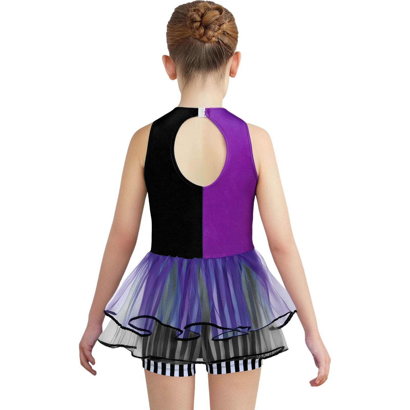 Kids Girls Halloween Circus Mad Hatter Fairy Tale Tea Party Cosplay Costume Bow Tie Mesh Tutu Stripe Bodysuit for Carnival Party