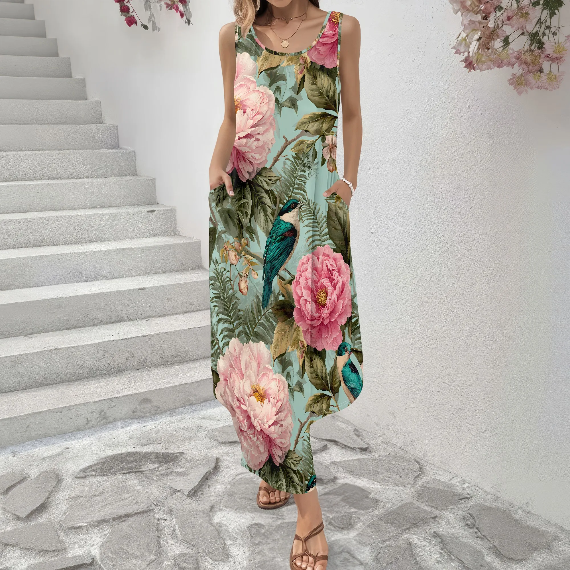Floral Sleeveless Maxi Dress, Pink Peony Print, Tropical Bird Pattern, Summer Beach Wear, Vacation Sundress, S-2XL