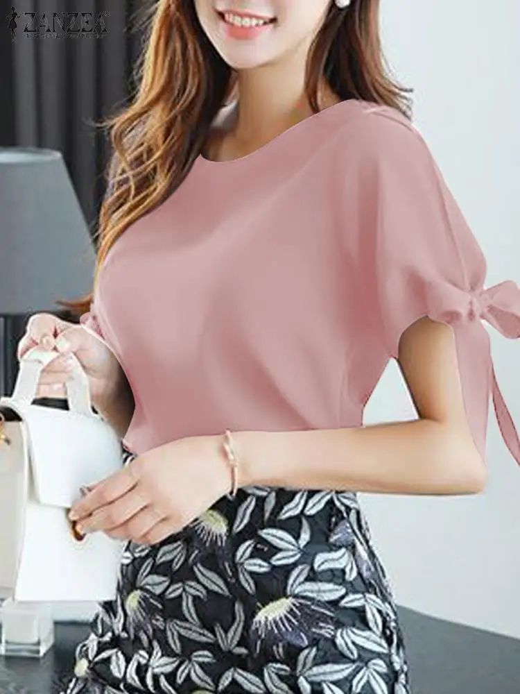 

ZANZEA 2024 Summer Women Office Blouse Vintage Bow Knotted Short Sleeve Top Shirt Elegant Chic Round Neck Tunic Solid Work Blusa