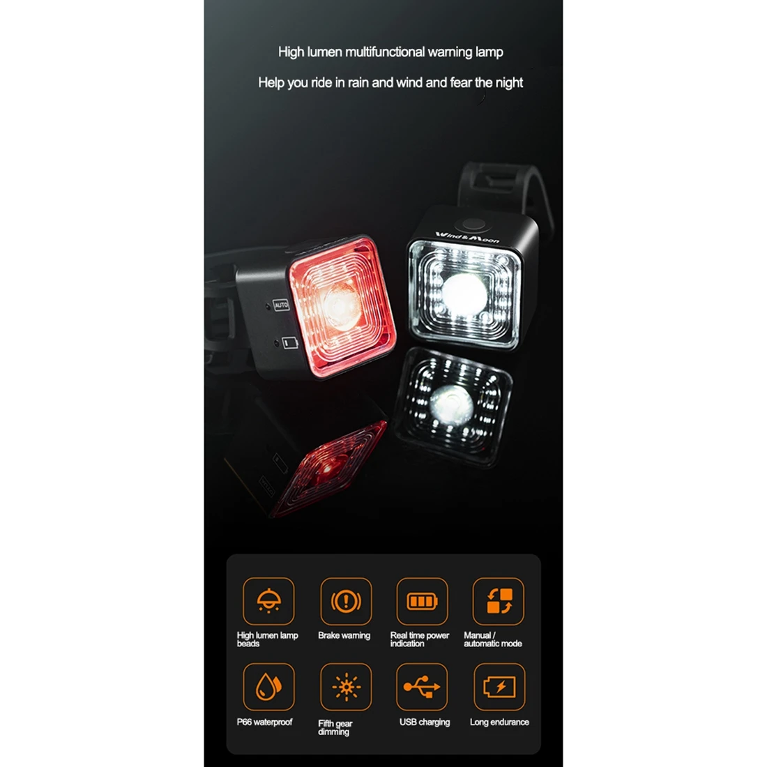 WIND&MOON 120 Lumen IP66 wasserdichte Licht-Sets, Scheinwerfer- und Rücklicht-Sets für 5-Gang-Modus-Bremsleuchte, WT06+WT06S