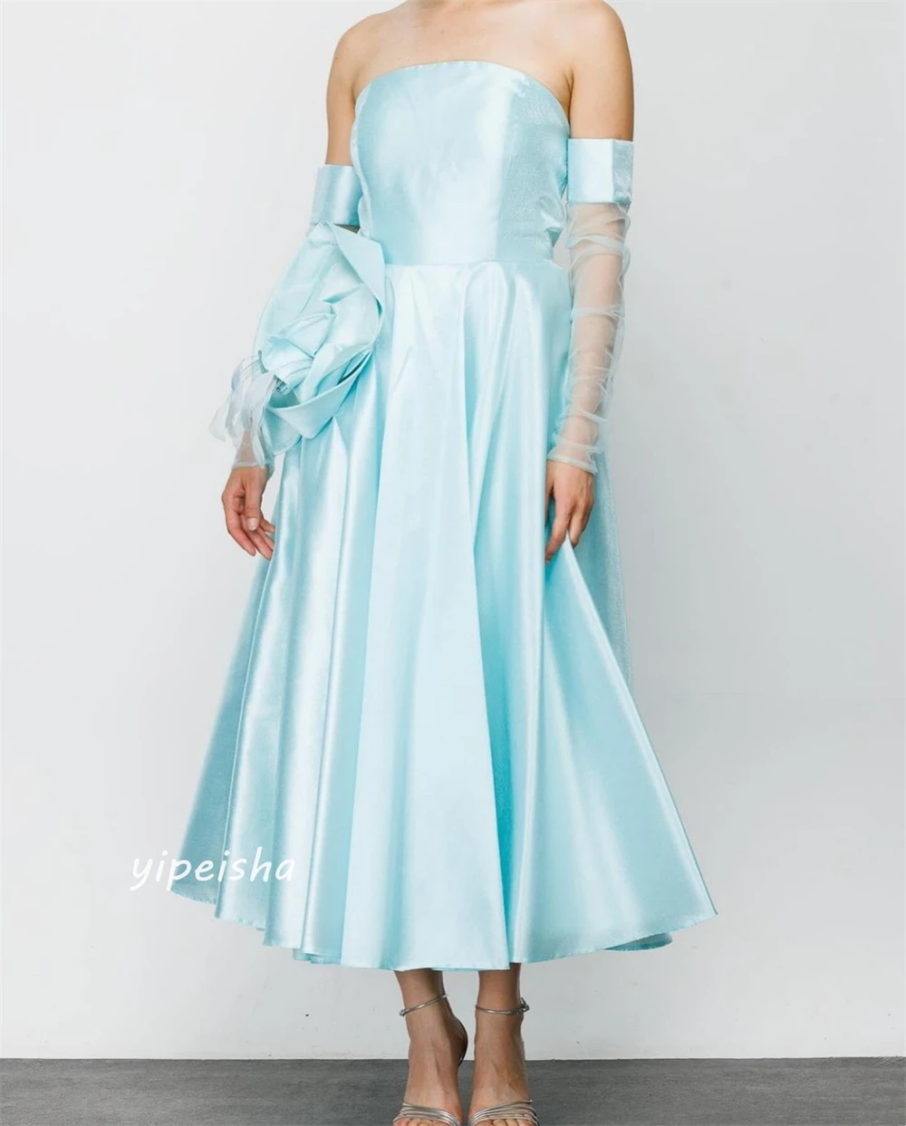 Prom Dress Satin Flower Ruched Celebrity A-line Off-the-shoulder Bespoke Occasion Gown Midi Dresses Evening Saudi Arabia