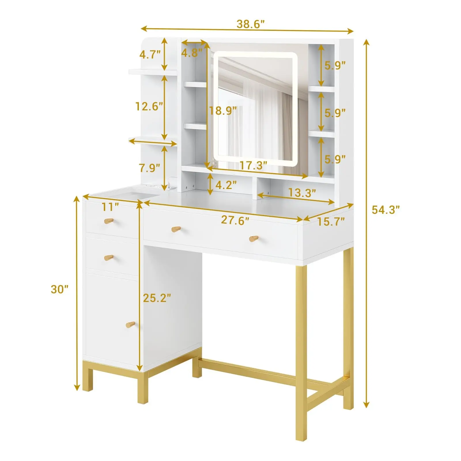 White Vanity with LED Lighted Mirror & Power Outlet, Brightness Adjustable, 3 Lighting Modes, 38.6