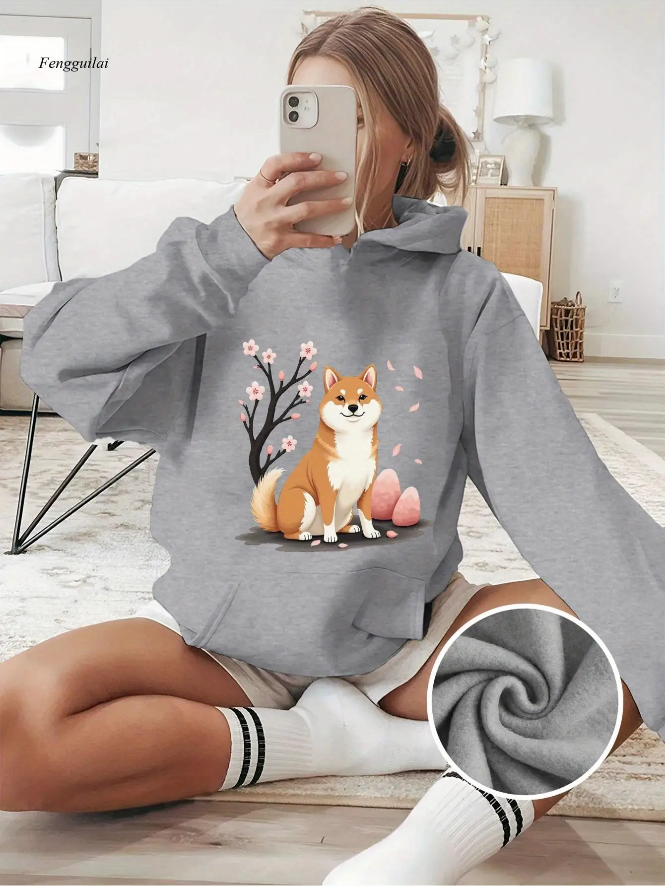 

Толстовка Shiba Inu & Cherry Blossoms — уютный осенне-зимний повседневный пуловер с карманами, геометрическим узором, длинными рукавами