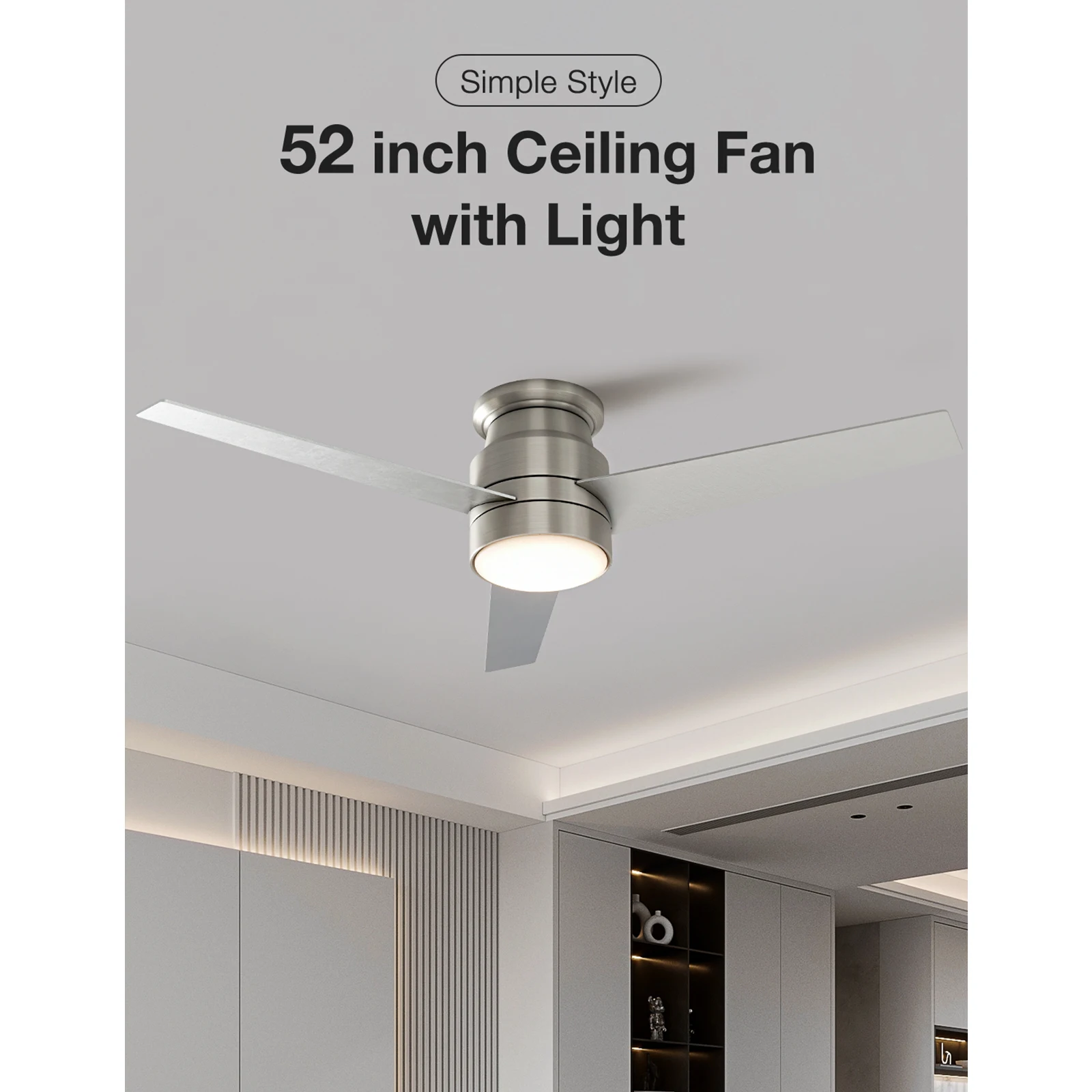 

52-дюймовый (3 лопасти) потолочный вентилятор для скрытого монтажа со светодиодной подсветкой и пультом дистанционного управления