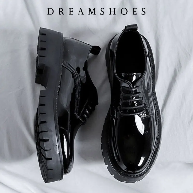 

Men Patent LeatherThick Sole Platform Casual Shoes Japan Harajuku Korean Streetwear Fashion Business Wedding Leather Shoes